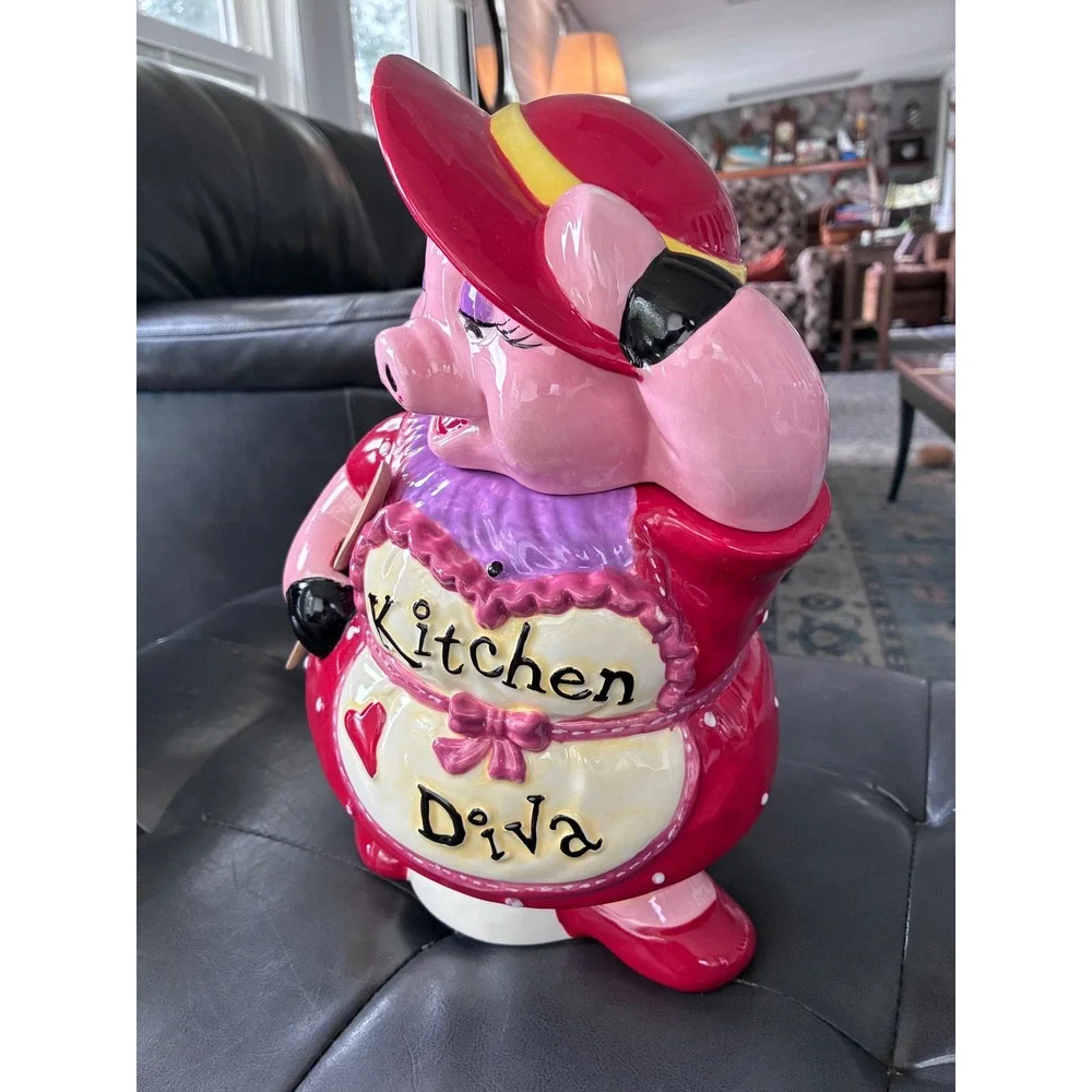 Kitchen Diva Pig Cookie Jar Red Polka Dot Dress Ceramic Novelty Vintage Style